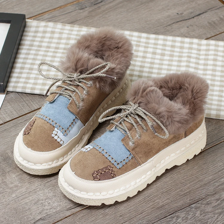 Khaki Careaymade-Новая зимняя женская обувь на шнуровке обувь на кроличьем меху в стиле ретро Повседневная хлопковая обувь ручной работы на плоской подошве - Цвет: Khaki