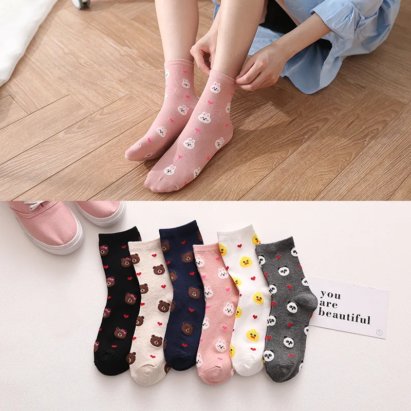 Модные женские хлопковые носки средней длины с рисунком медведя, панды, утки, в крупный горошек, Kawaii, корейские женские забавные носки Harajuku, Осень-зима