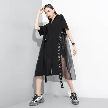 

2020 Summer Round Button Decorative Mesh Patchwork Dresses Cool Irregular Ribbons Long Dress Black Color New Arrivals Female