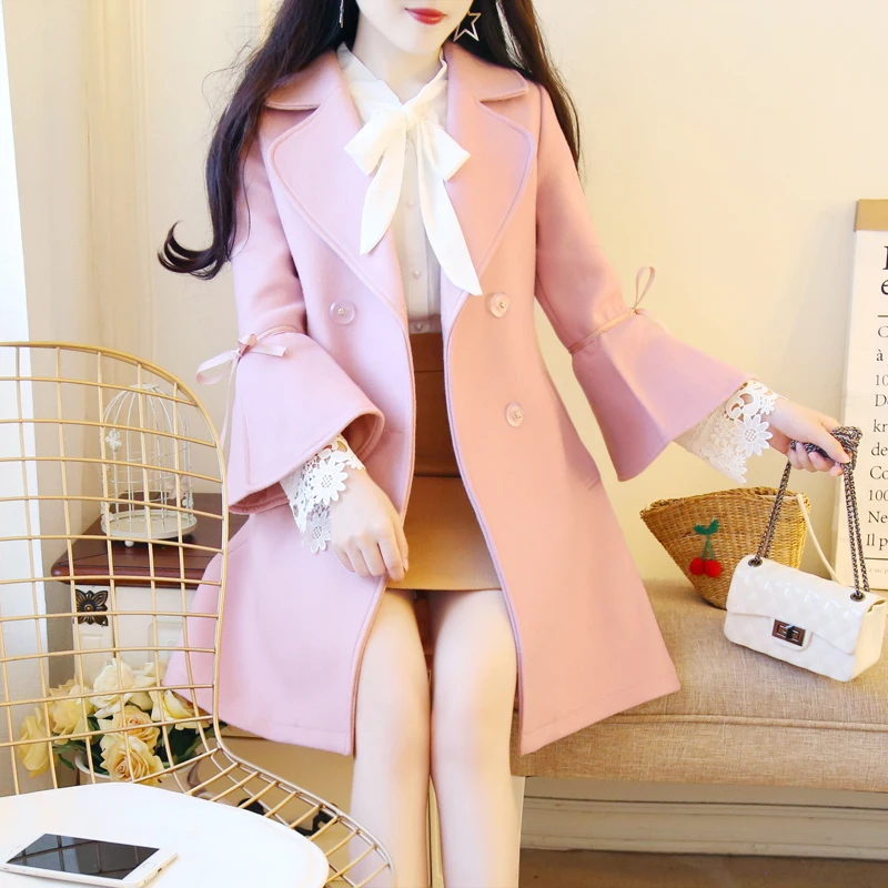 1000 Woolen Overcoat Women's Mid-length Korean-style New Style Bell Sleeve Sweet Bow Pink Woolen Jacket