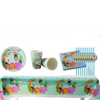 

51pcs/lot Cartoon Children's Birthday Party Forest Animal Theme Party Tableware Paper Cup Tablecloth Napkin Banner Straw Party