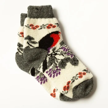 

Children's woolen socks "Bullfinch on a branch", white, size 22