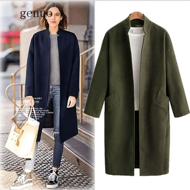 Genuo New Woolen Coat Female Mid-Long Casual Women Solid Warm Slim Turn-down Collar Cardigan Coat Outerwear Winter Clothing New