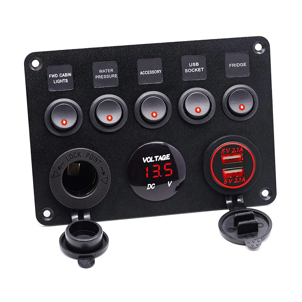 5 Gang желобковый выключатель Панель 12-24V Мощность выходной вольтметр Dual USB Зарядное