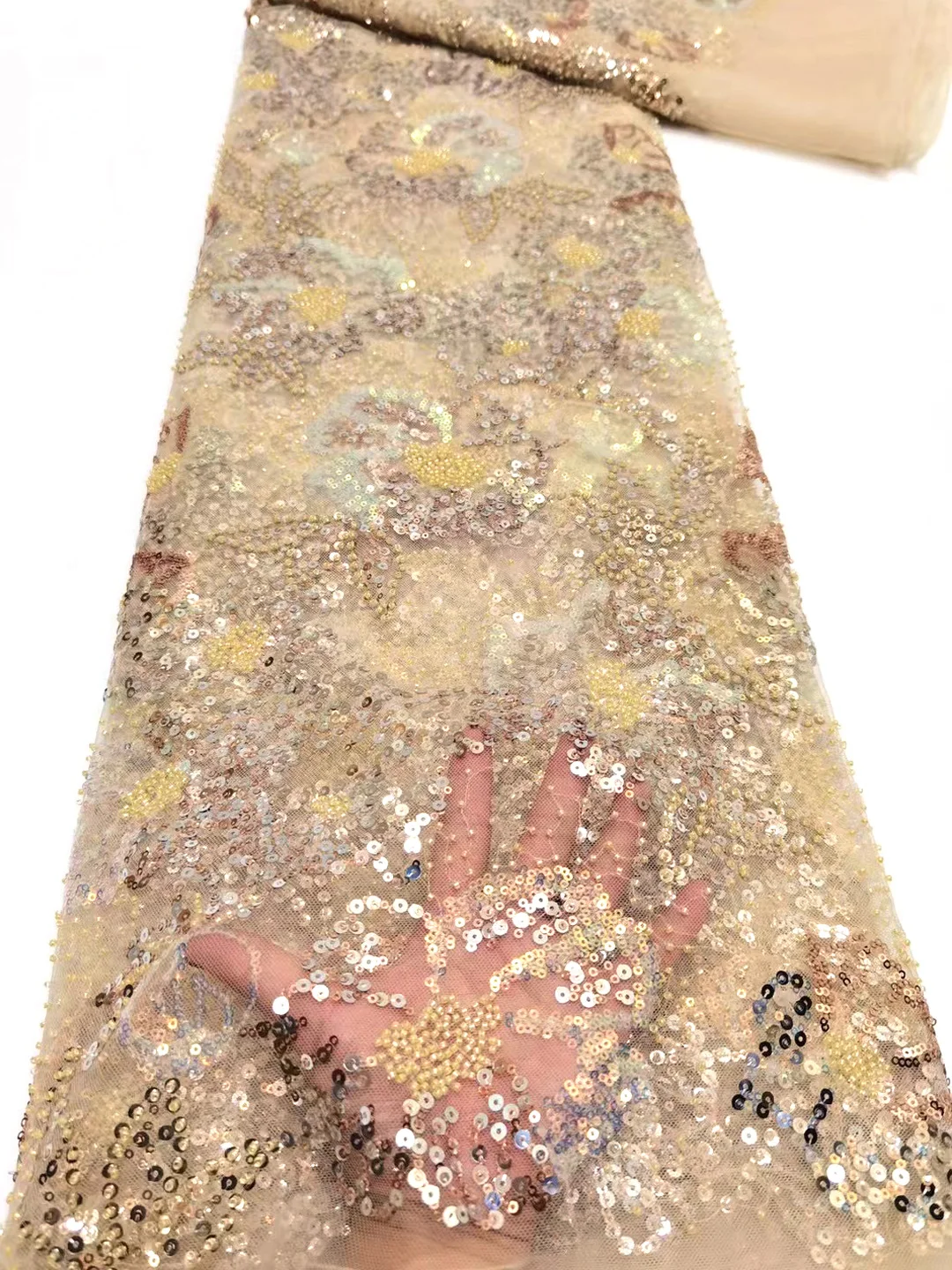 

Nigerian Handmade Beads Lace Fabric Embroidery with Sequins 5 Yards/pcs African Net Lace French Fabric for Party Dress VD5020