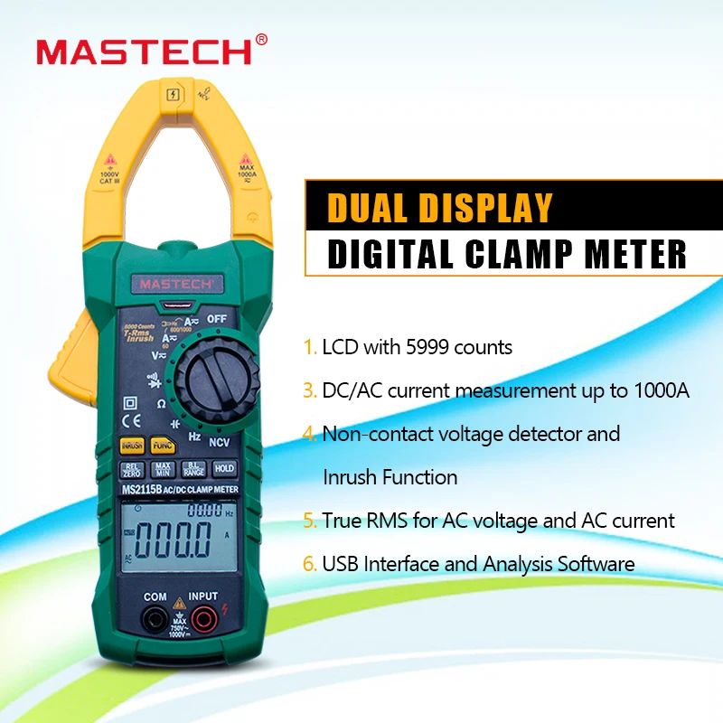 MASTECH MS2115B Digital current clamp meter AC/DC current voltage 6000 Counts NCV trms USB clamp meter mulitimeter tester 1000A