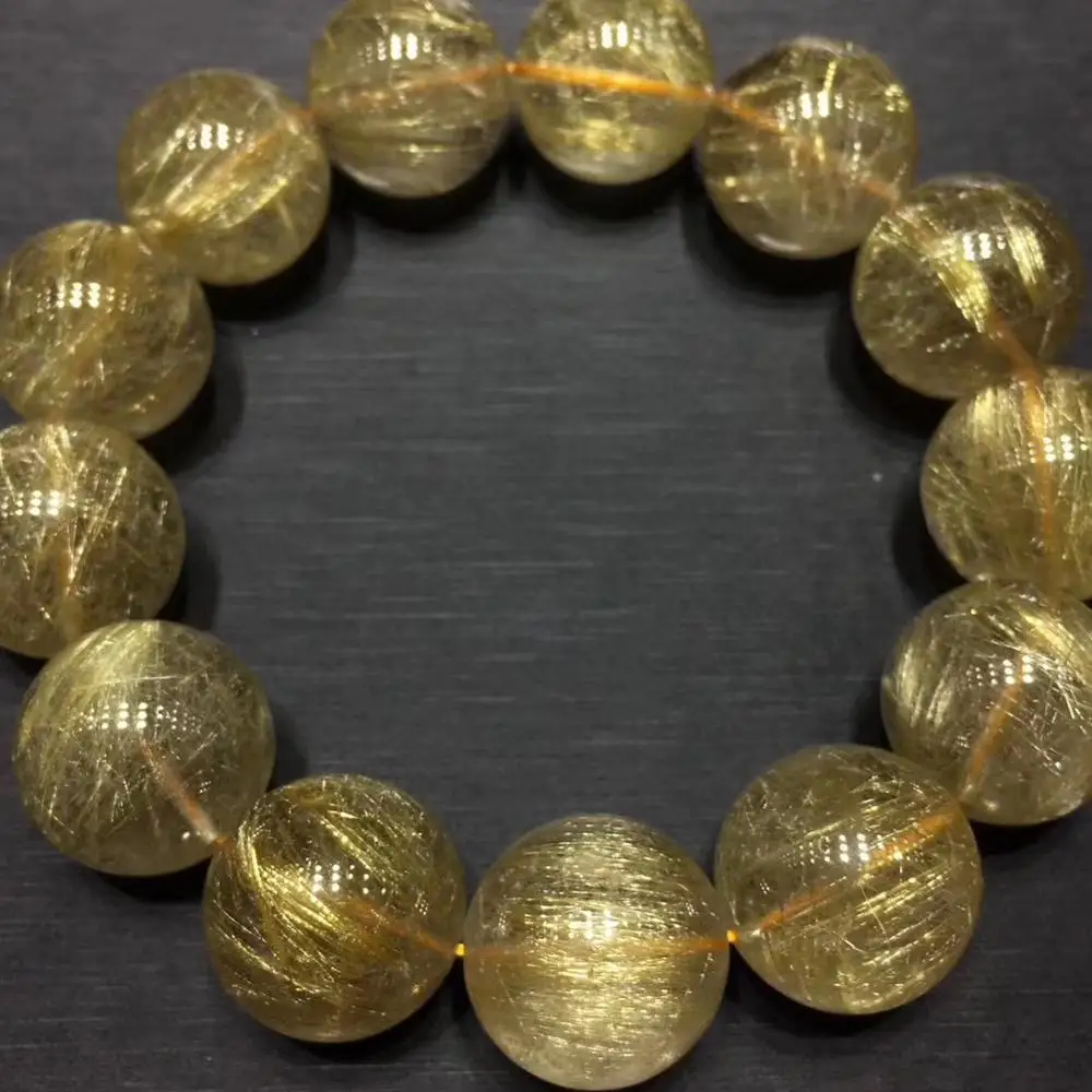 

18mm Genuine Natural Brazil Gold Rutilated Bracelet For Woman Man Crystal Titanium Stretch Round Beads Stone Fine Jewelry AAAAA