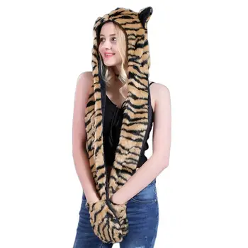 

3 In 1 Women Men Fluffy Plush Animal Wolf Leopard Hood Scarf Hat with Paws Mittens Gloves Thicken Winter Warm Earflap Bomber Cap