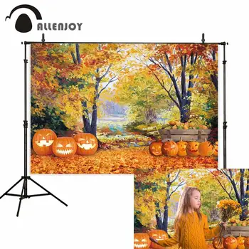 

Allenjoy autumn leaves scenery background studio Pumpkin lantern fruit backdrop photography Halloween festival party curtains