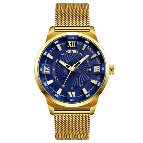 Изысканное мастерство SKMEI 9166, круглый циферблат, сплав, сетка, ремешок, Кварцевые аналоговые наручные часы, Мужские классические модные часы - Цвет: Синий