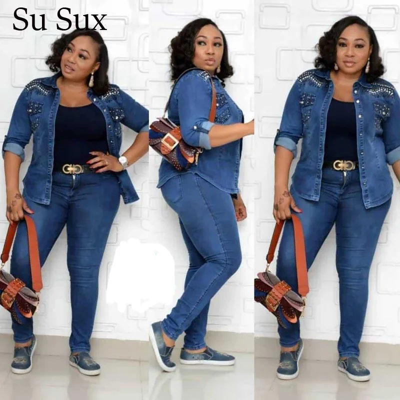 Casual Jeans Suit Denim Two Piece Set Women Outfits Sequins Turn-down Collar Top&Pencil Pants Set Tracksuit 4XL Plus Size Set Casual Jeans Suit Denim Two Piece Set Women Outfits Sequins Turn-down Collar Top&Pencil Pants Set Tracksuit 4XL Plus Size Set