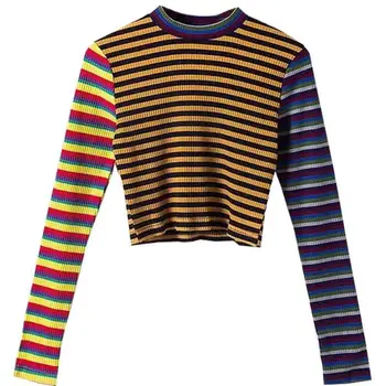 

Women Crewneck Striped Short Knitted Sweater Stitching Contrast Color Casual Joker Slim knitted Pullovers Fashion Female New