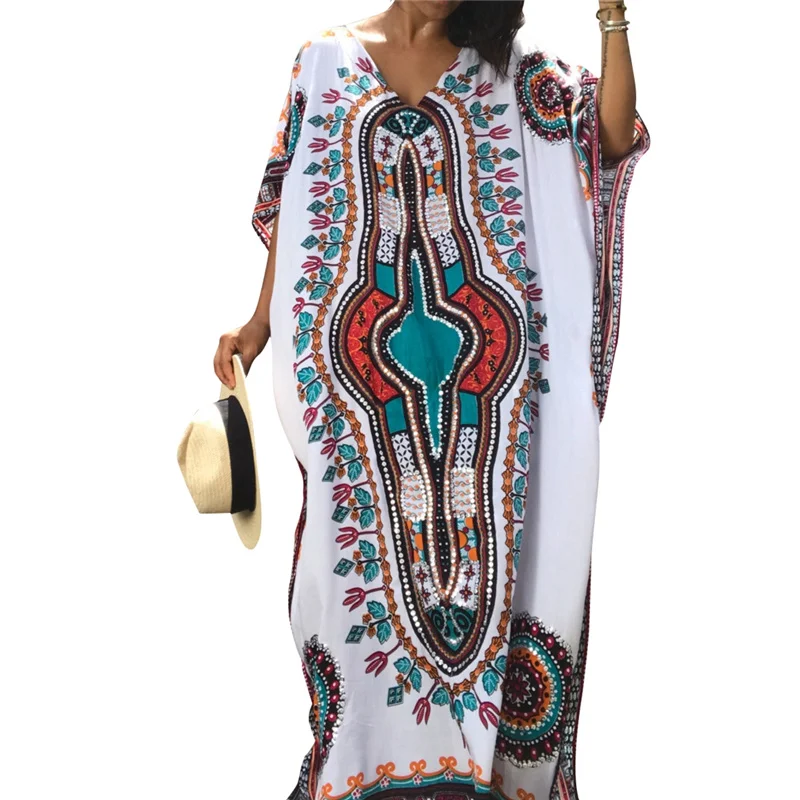 Indie Folk Long Kaftan Summer Beach Dress Women Clothing Large Size Beachwear Cover ups Robe de Plage Saida de Praia #Q288