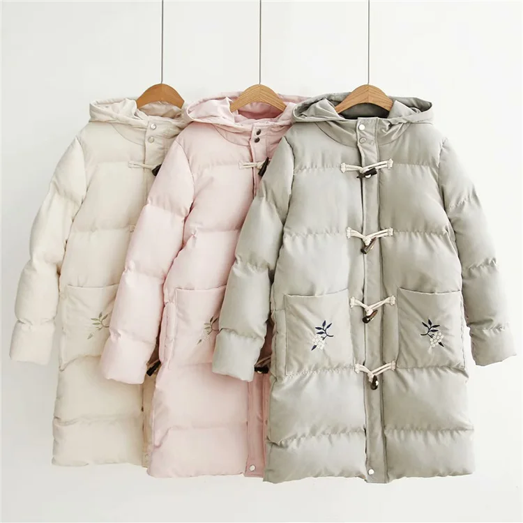 

Japanese-style Mori Girl Line Sweet Winter New Style Pocket Embroidery Thick down Coat Toggle Mid-length Cotton-padded Clothes W