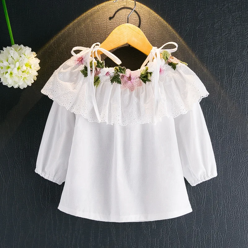 Г. Новая Осенняя Стильная белая рубашка с длинными рукавами и цветочной вышивкой в Корейском стиле для девочек Рубашка lu jian qun на шнуровке 38737