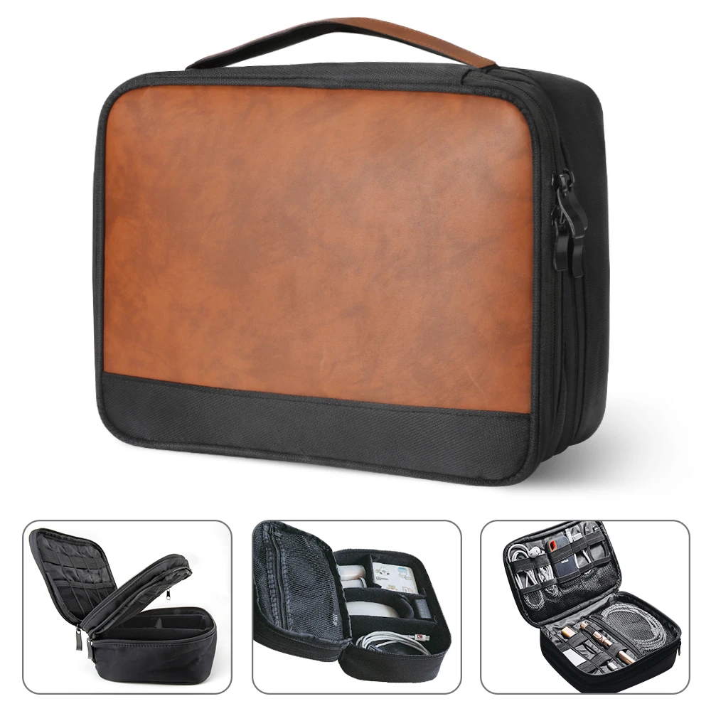 Double Layer Crazy Horse Skin Electronic Thicken Cable Organizer Bag