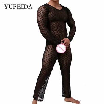

Men Clothes Set Sexy Mens Undershirts Long Sleeve Mesh Fishnet Sheer Shirts Transparent Long Pants Trousers Underwear Nightwear