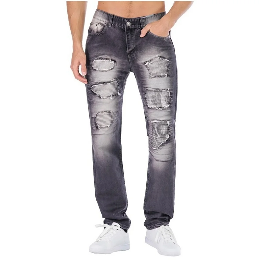 EH · MD® Gray Jeans Men's Pleated Hole Patch Cotton Soft Small Straight High Street Personalized Slim Pants Motorcycle 2020 New