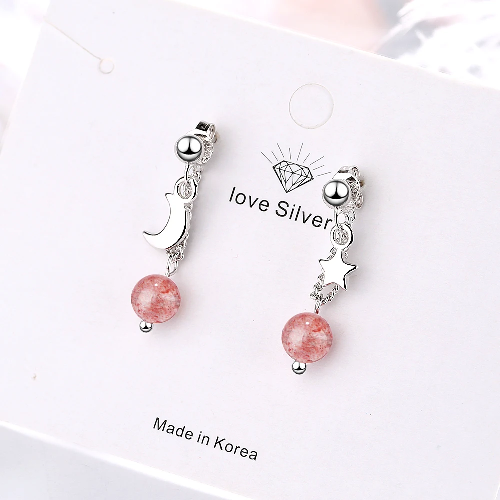 925 Sterling Silver Stars Moon Drop Earrings With Strawberry Crystal Bead Jewelry For Women S-E915 | Украшения и аксессуары
