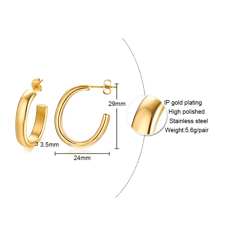 

FXM winter arrival fashion jewelry birthday gift gold steel color with stone big 35mm C shape Simple titanium steel earring