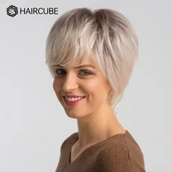 HAIRCUBE Natural Ombre Light Blonde Synthetic Wigs Blend Huamn Hair for Women Daily/Cosplay Use Short Pixie Cut Wig with Bangs