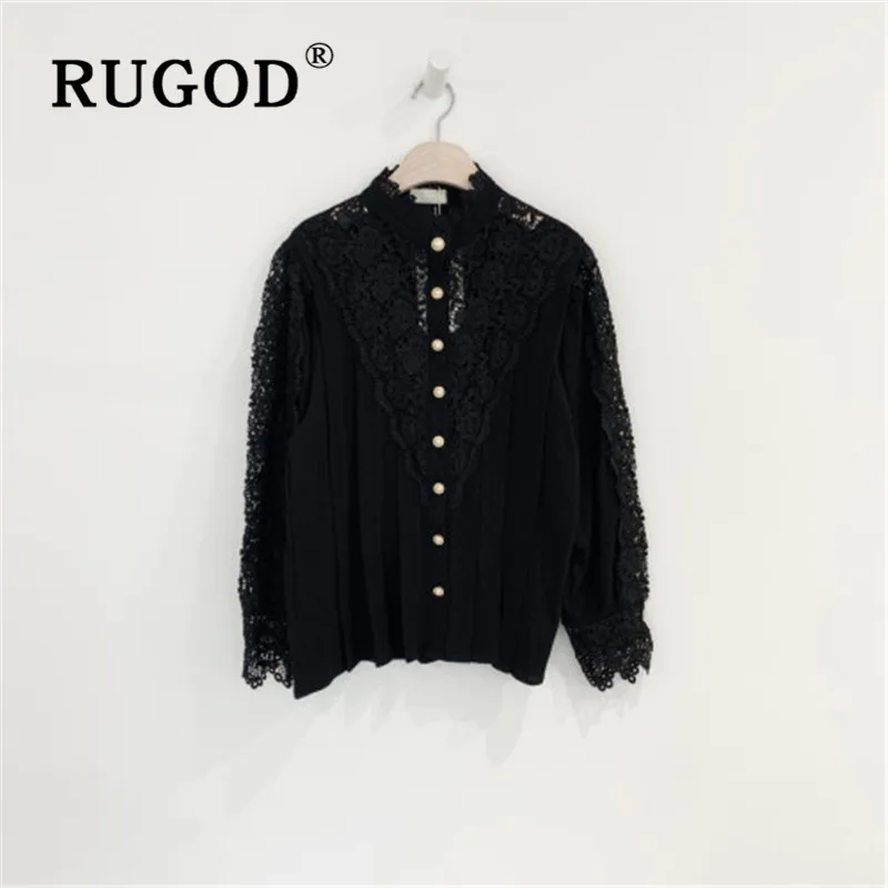 RUGOD, открытая элегантная Кружевная блуза для женщин, стоячий воротник, сплошной цвет, корейская мода, одежда, прозрачный топ, жемчужная рубашка с пряжкой