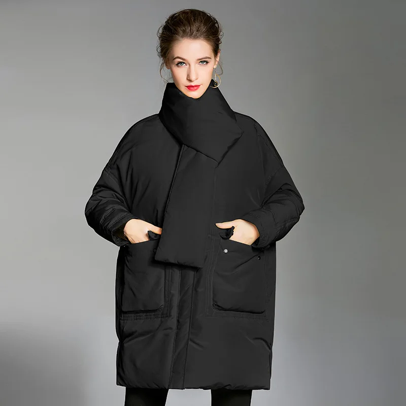 Elifashion, корейская мода, свободный белый пуховик на утином пуху, женский, Повседневный, шарф, пальто, мода для женщин, зимой - Цвет: black