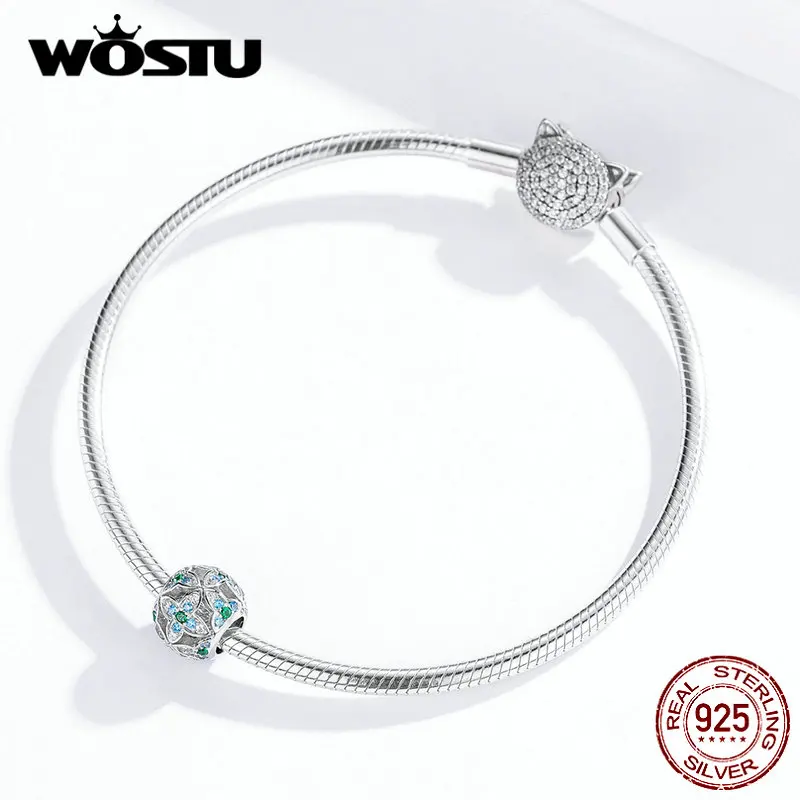 WOSTU Лидер продаж 925 пробы Серебряный Зеленый Цветок Круглые бусины Циркон Шарм Подходит браслет кулон Роскошные ювелирные изделия BNC115