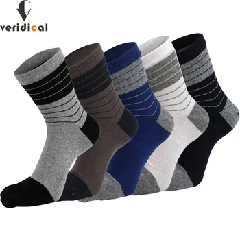 

VERIDICAL 5 pairs/lot socks with toes cotton striped short Five Finger Socks solid business sox good quality mans socks