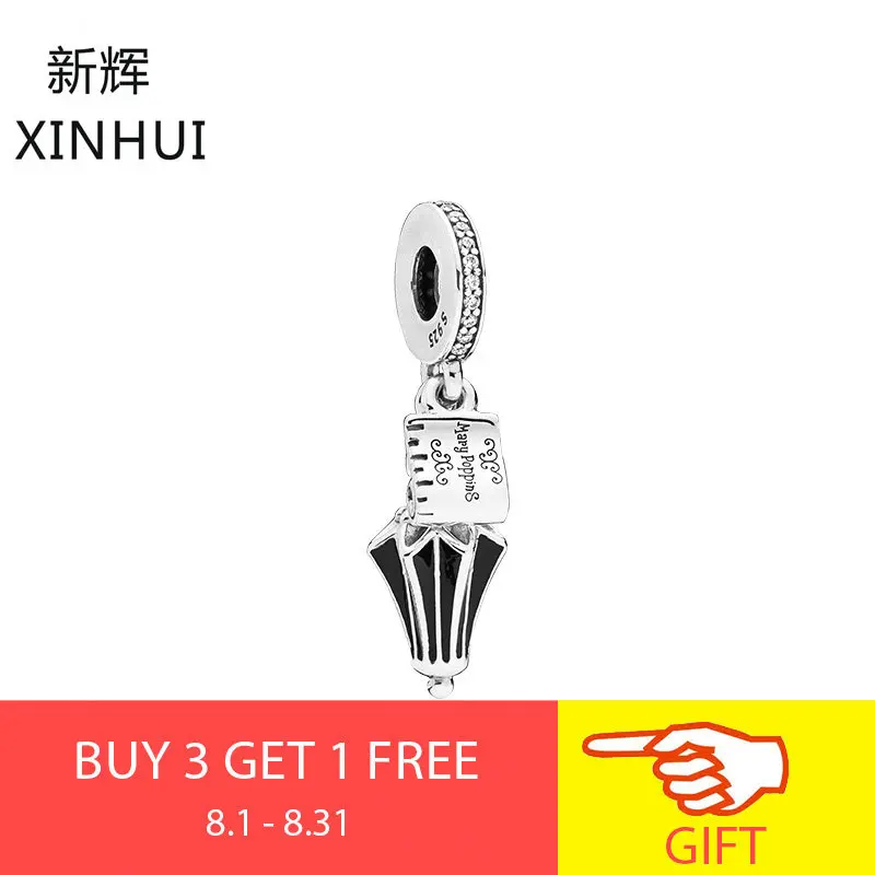 

XIINHUI New Arrival 925 Sterling Silver Mary Poppins Umbrella Dangle Charm Clear CZ & Black Enamel For Women Original Bracelet