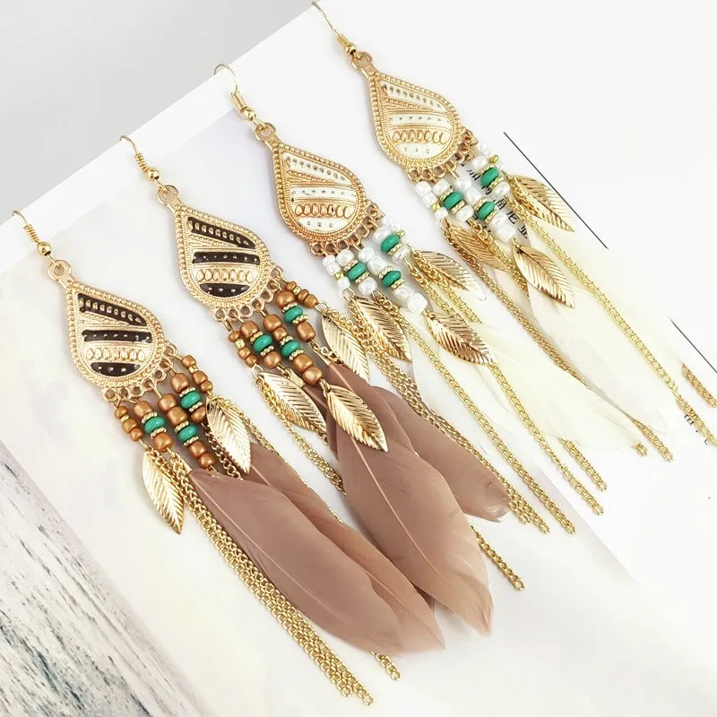 Горячая продажа винтажные красочные богемные серьги кисточки с перьями для