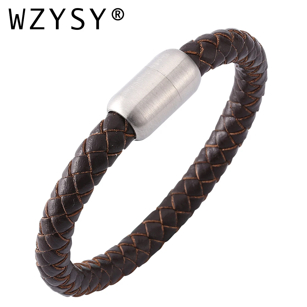 

Hand woven 8mm Brown double leather titanium steel strong magnetic clasp bracelet for men and women pulseira mangania bijoux