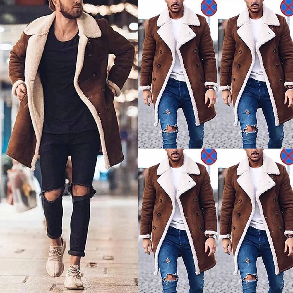 Men Faux Fur Thick Warm Jacket Winter Thermal Long Length Double Breasted Coat Outwear Fashion Outfit