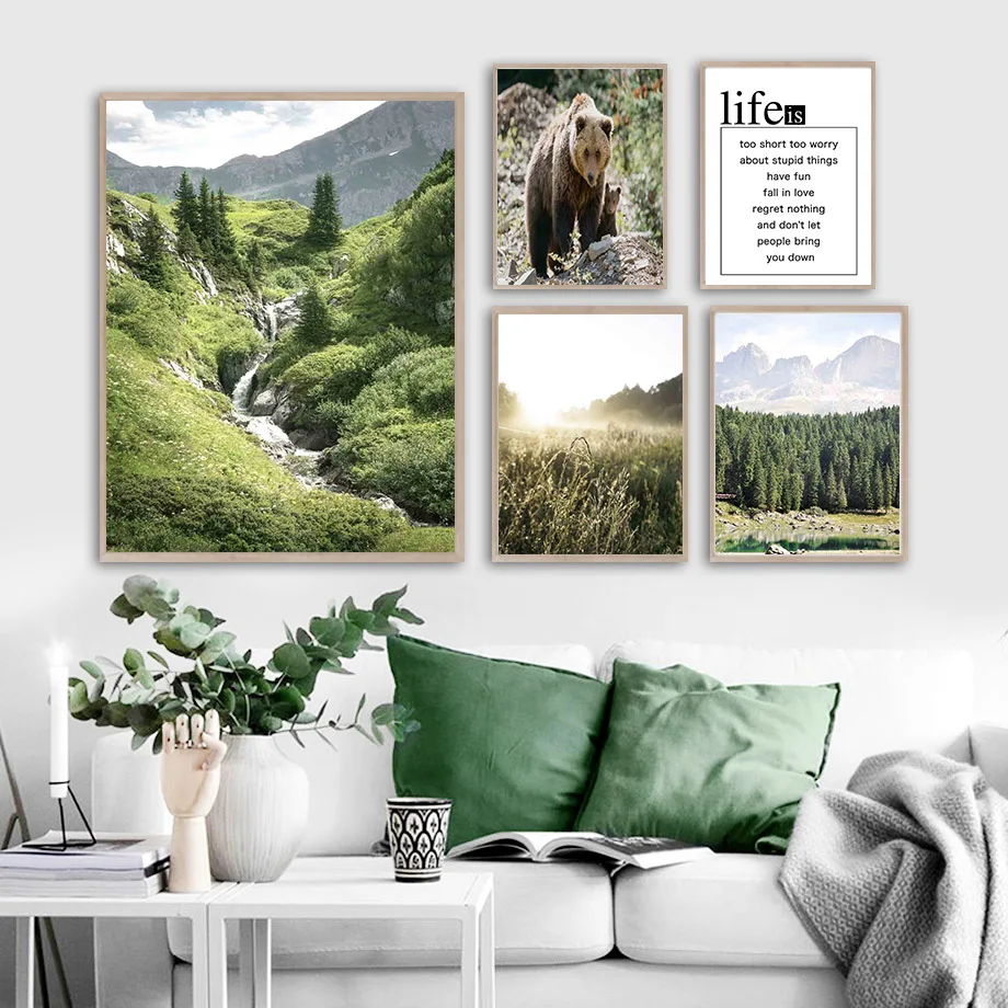 Настенная Картина на холсте с изображением леса медведя подсолнуха сосны реки