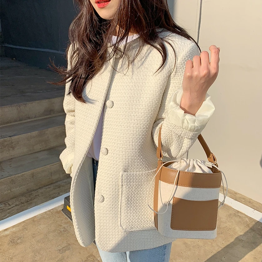 

Autumn Winter French Style Simple Small Fragrance Elegant Two-Pocket Single-Breasted Loose Solid Color Jacket Coat