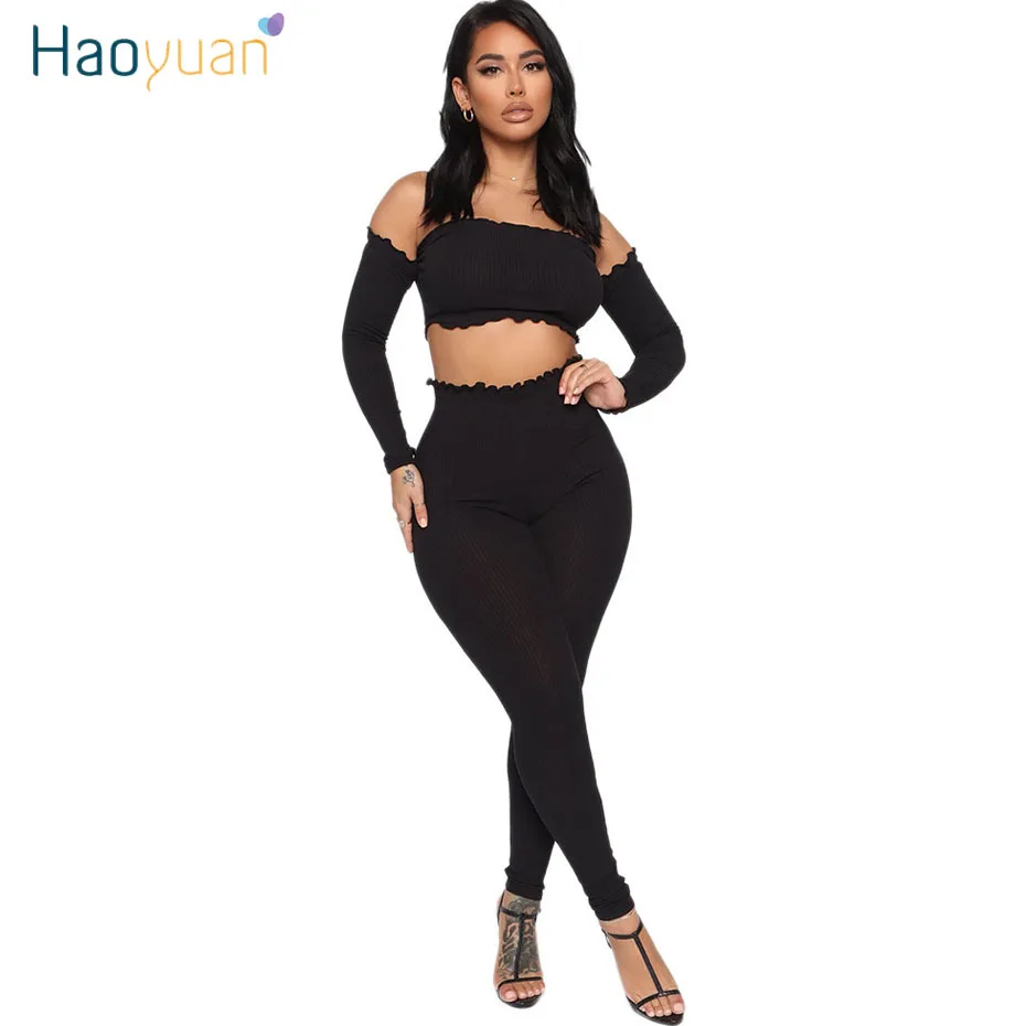 

HAOYUAN Sexy Knitted Two Piece Set 2020 Off Sholder Crop Top and Pant Suit 2 Piece Club Birthday Outfits for Women Matching Sets