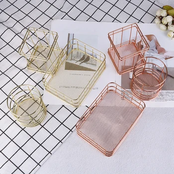 

1PC Rose Gold Iron Art Makeup Organizer Basket Eyeliner Brush Set Storage Cup Dressing Table Makeup Cosmetic Organizer Box