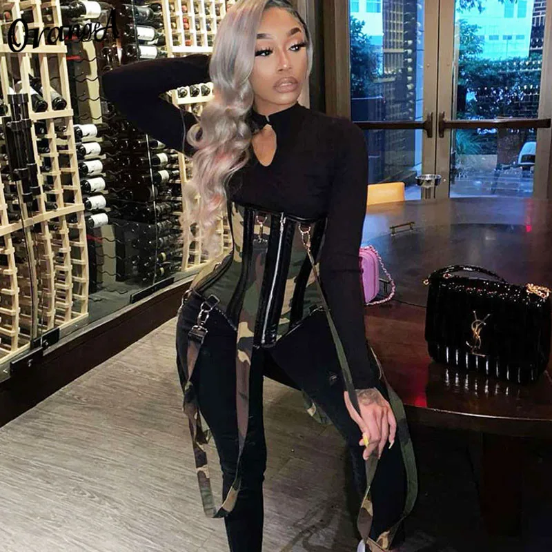 

OrangeA Women Two Piece Set Camouflaged Corset Activewear Jumpsuit Matching Casual Fashion Sporty Zipper Soft Skinny Streetwear