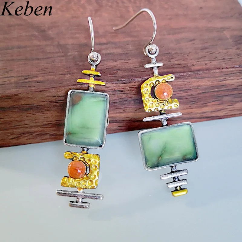 Богемные серьги этнические Boho Висячие капли винтажные бирюзовый камень кулон