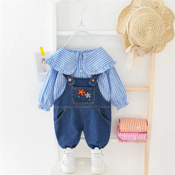 

2020 Baby Girls Clothing Sets 2020 Spring Toddler Infant Clothes Lapel Lace Plaid Shirt Flowers Overalls Children Clothes