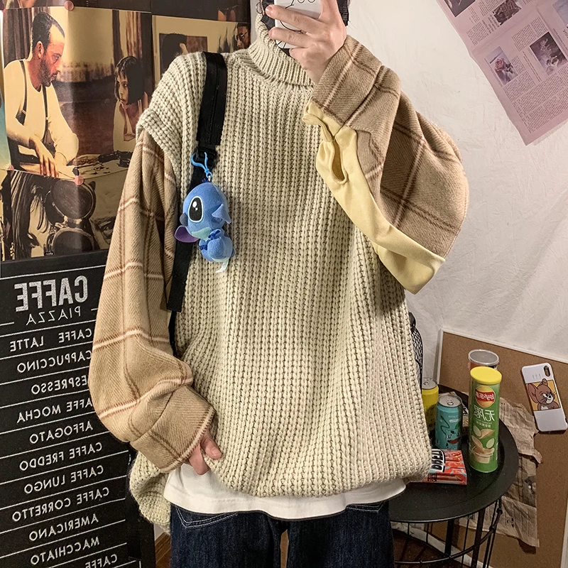 Зимний мужской свитер с воротником-хомутом, теплый модный мужской свитер из двух частей в клетку, Свободный Повседневный свитер, мужская