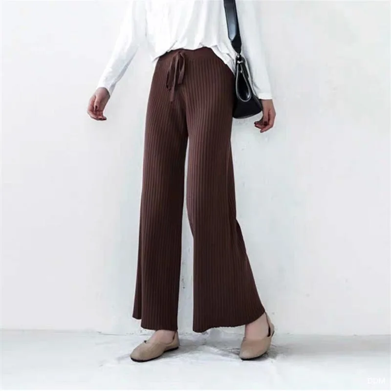 

KZ03 Korean Fashion High Waist Drawstring Vertical Striped Wide Leg Knitted Pants Autumn Winter Sweater Trousers