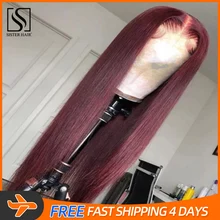 Red Lace Front Human Hair Wigs Straight Burgundy 13*4 Lace Front Wig Pre Plucked 99J Wig 26 Inches