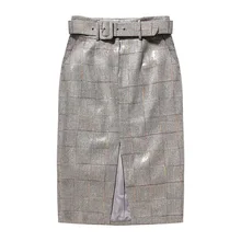 SeeBeautiful Новая мода лето осень клетчатая решетка Высокая талия с поясом блесток Сплит пакет бедра Половина тела юбка для женщин N898