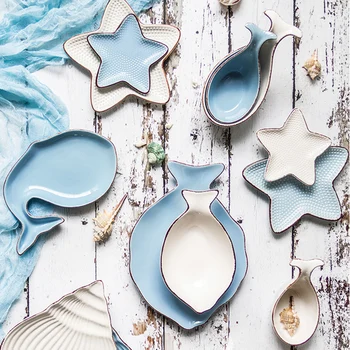 

Marine Series Ceramic Tableware Ocean Themed Restaurant Phnom Penh Dish Plate Fish Shell Serving Plate Children Bowl Tray