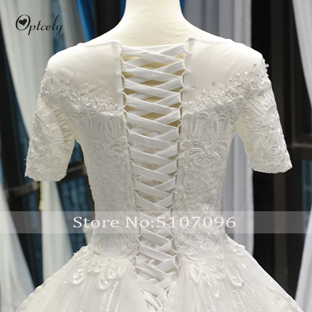Optcely Vestido De Noiva, Настоящее фото, круглый вырез, короткий рукав, красивое ТРАПЕЦИЕВИДНОЕ свадебное платье, кружевные аппликации, расшитые бисером, платья с коротким шлейфом