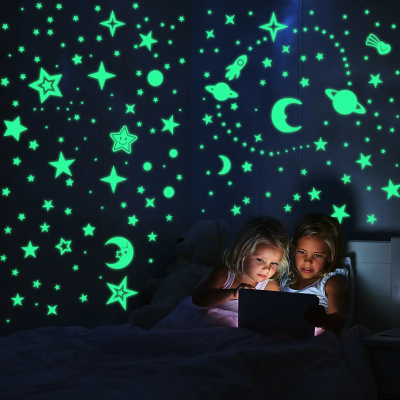 Luminous 3D Stars Dots Moon Wall Sticker Glow In The Dark Decal for Kids Baby Room Bedroom Home Decoration Planet Rocket Sticker