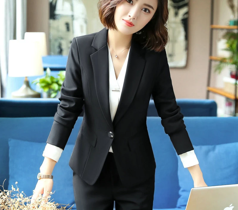 New female elegant Women's Black Gray Pants Suit trouser Blazer costumes jacket Suits ladies office wear uniforms 2 piece blouse