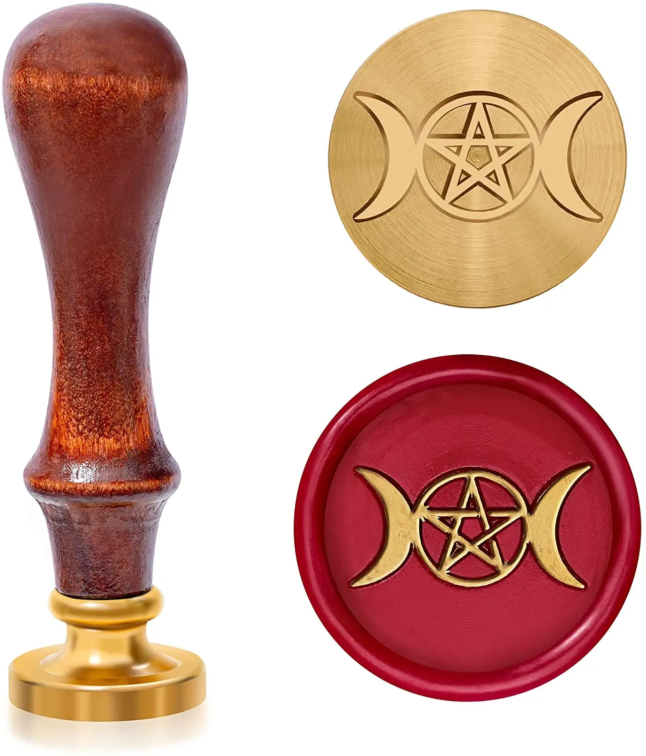 Juego de sellos de cera, sellos de cera de sellado de cobre con empuñadura  de madera, sello de cera wicca retro vintage (luna triple, pentagrama y