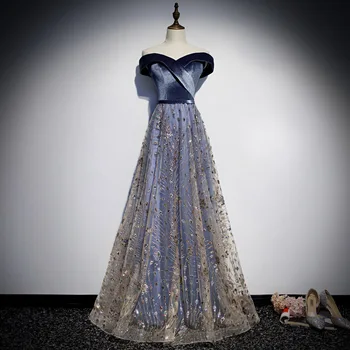 

Sequined Evening Dresses K310 Sexy Boat Neck Women Party Gowns Off The Shoulder Formal Robe De Soiree A-Line Long Elegant Dress
